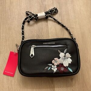 NWT Rampage Black Faux Leather Crossbody Bag Floral Embroidery Silver Hardware
